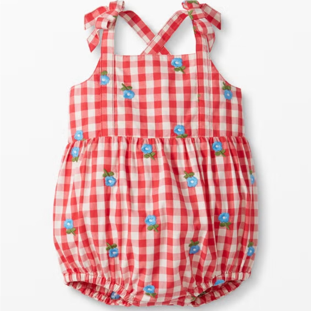 Hanna Andersson Red Gingham Bubble Rompers with Blue Flower Embroidered